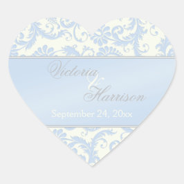 Blue and Ivory Damask Hjärtformade Bröllop Sticker Hjärtformat Klistermärke