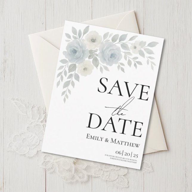 Blue and Ivory Floral Save The Date Meddelande Vykort (Skapare uppladdad)