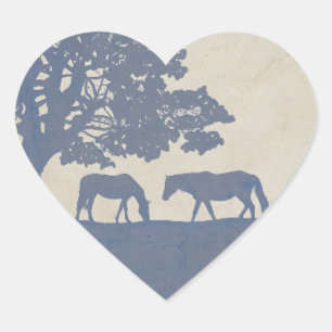 Blue and Ivory Vintage Horse Farm Bröllop Hjärtformat Klistermärke