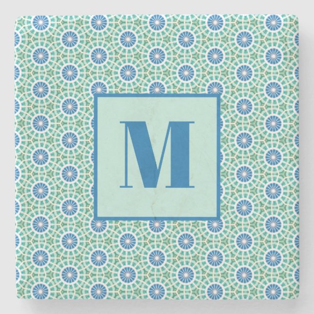 Blue and Light Turquoise Initial Stone Coaster Stenunderlägg (Framsidan)