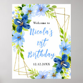 Blue and Navy Flowers Birthday Welcome Poster