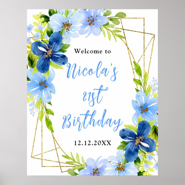 Blue and Navy Flowers Birthday Welcome Poster (Framsidan)