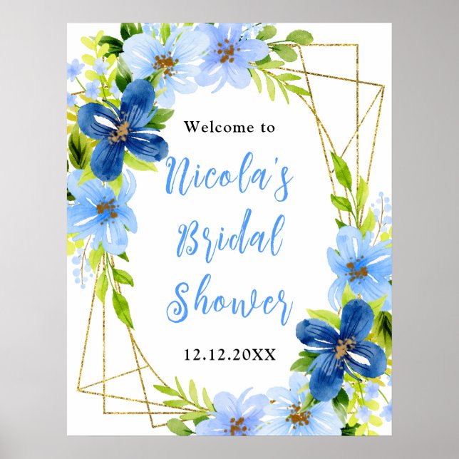 Blue and Navy Flowers Bridal Shower Welcome Poster (Framsidan)