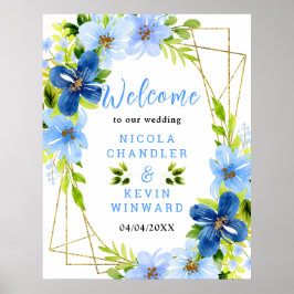 Blue and Navy Flowers Wedding Welcome Sign Poster