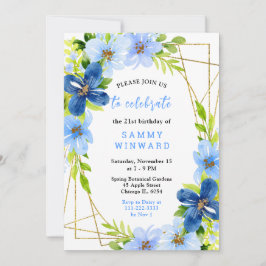 Blue and Navy Flowers with Foliage Birthday Inbjudningar