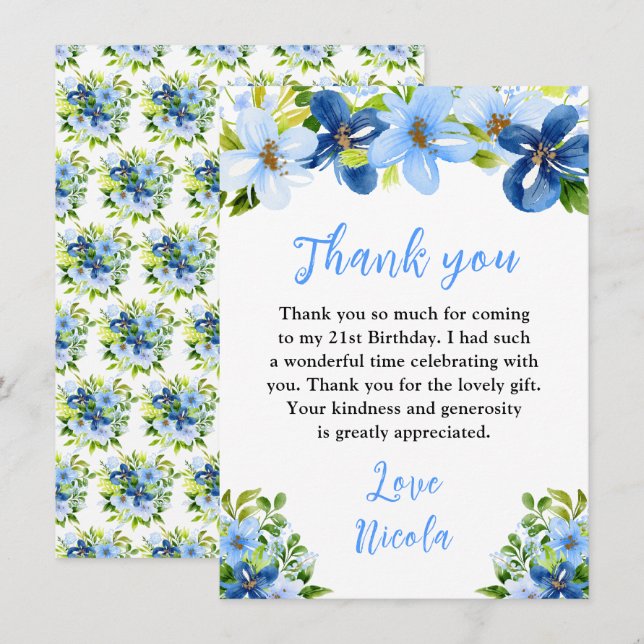 Blue and Navy Flowers with Foliage Birthday Tack Kort (Fram/baksida)
