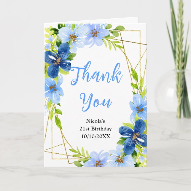 Blue and Navy Flowers with Foliage Birthday Tack Kort (Framsida)