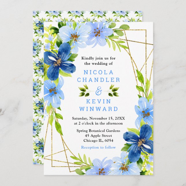 Blue and Navy Flowers with Foliage Wedding Inbjudningar (Fram/baksida)