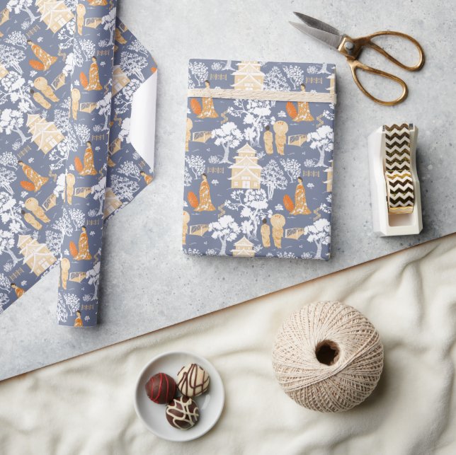 Blue and Orange Chinoiserie Pagodas Presentpapper (Hantverk)