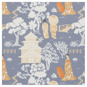 Blue and Orange Chinoiserie Pagodas Tyg