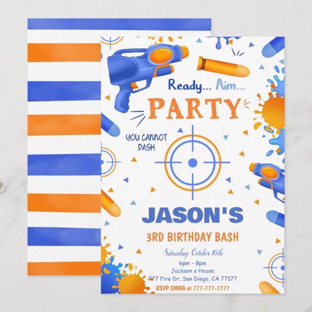 Blue and Orange Dart Gun Birthday Inbjudningar (Fram/baksida)