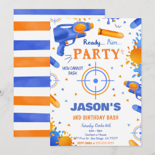Blue and Orange Dart Gun Birthday Inbjudningar