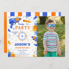 Blue and Orange Dart Gun Birthday Photo Inbjudningar