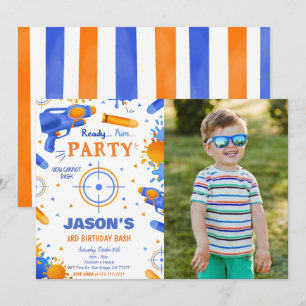 Blue and Orange Dart Gun Birthday Photo Inbjudningar