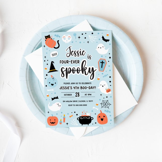 Blue and Orange Halloween 4th Birthday Invitation  Inbjudningar (Blue and Orange Halloween 4th Birthday Invitation )