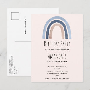 Blue and Peach Rainbow Boho Design Birthday Inbjudan Vykort