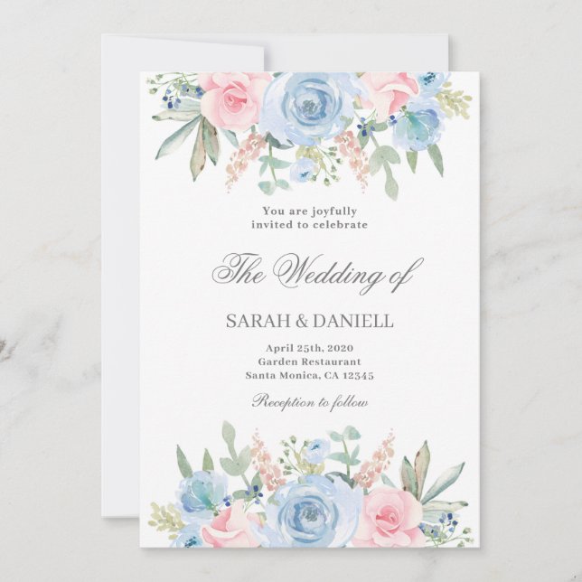 Blue and pink floral wedding inbjudningar (Framsida)