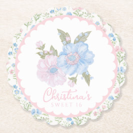 Blue and Pink Grandmillennial Floral Sweet 16 Underlägg Papper