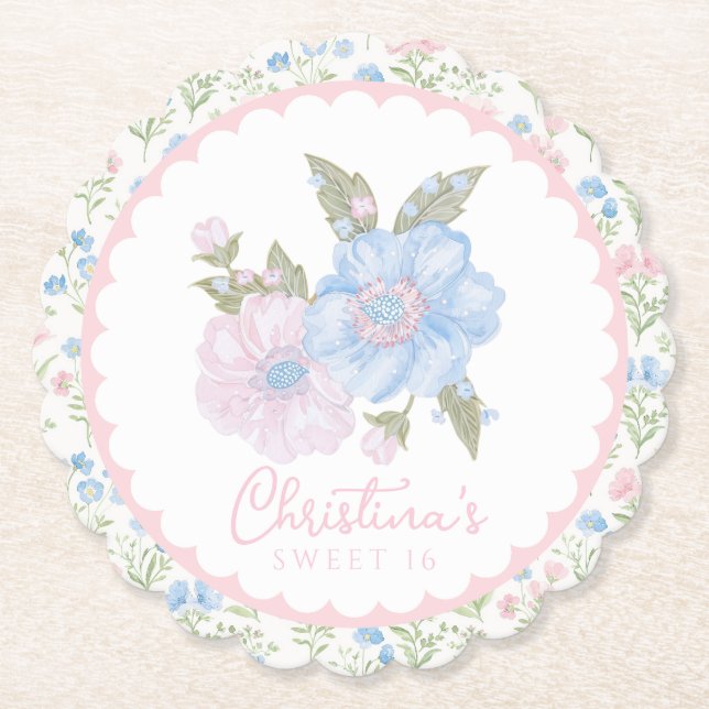 Blue and Pink Grandmillennial Floral Sweet 16 Underlägg Papper (Framsida)