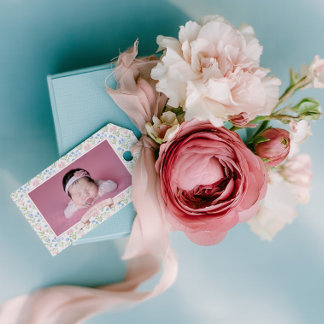 Blue and Pink Grandmillennial Flower Photo Baby  Presentetikett