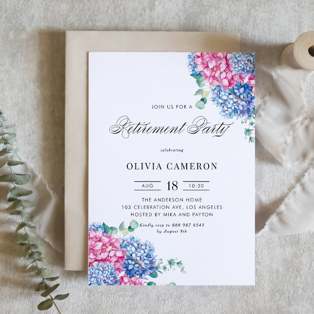 Blue and Pink Hydrangea Floral Retirement Party Inbjudningar (Watercolor Blue and Pink Hydrangea Floral Retirement Party Invitation)