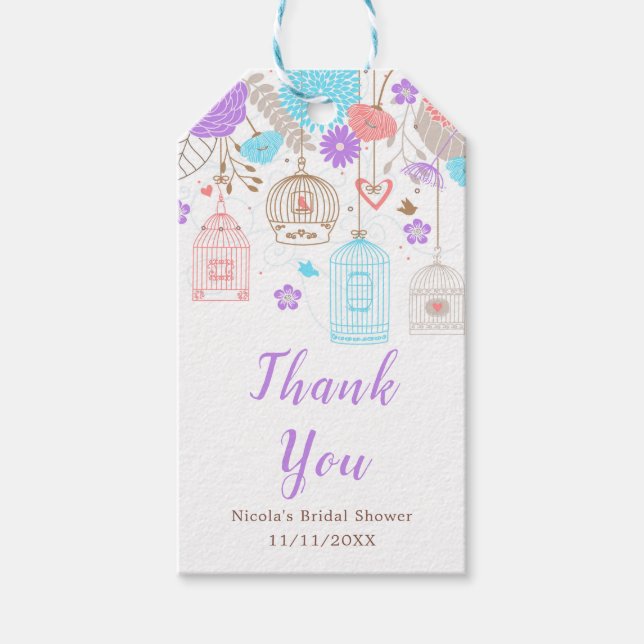 Blue and Purple Floral Bird Cages Bridal Shower Presentetikett (Framsidan)