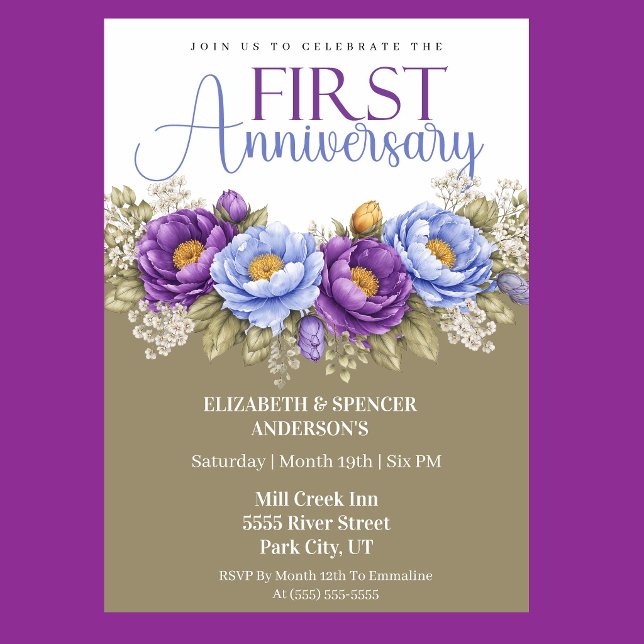 Blue and Purple Peony 1st Wedding Anniversary Inbjudningar (Elegant blue and purple peony floral 1st wedding anniversary invitation)