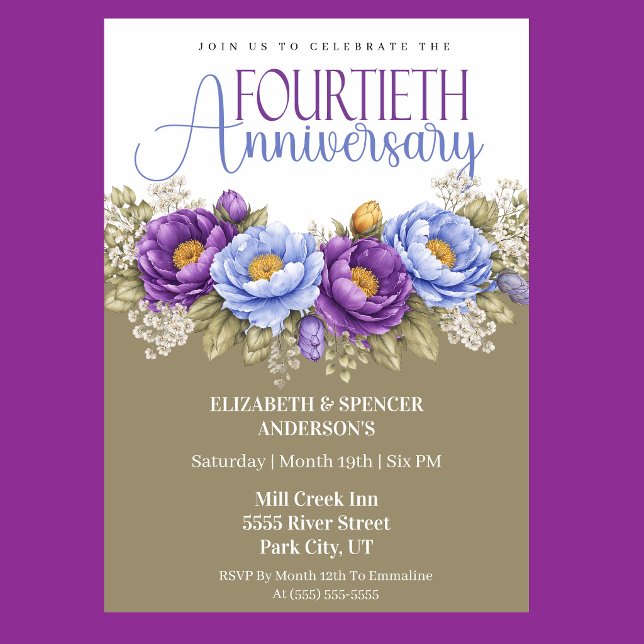Blue and Purple Peony 40th Wedding Anniversary Inbjudningar (Elegant blue and purple peony floral 40th wedding anniversary invitation)