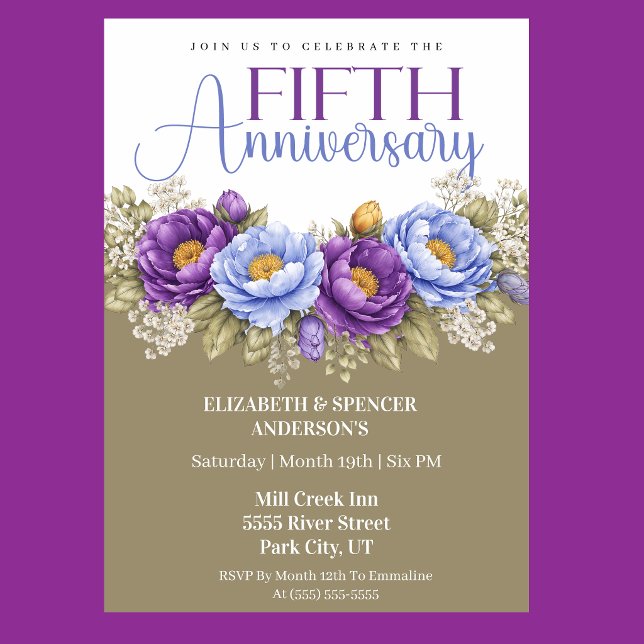 Blue and Purple Peony 5th Wedding Anniversary Inbjudningar (Elegant blue and purple peony floral 5th wedding anniversary invitation)