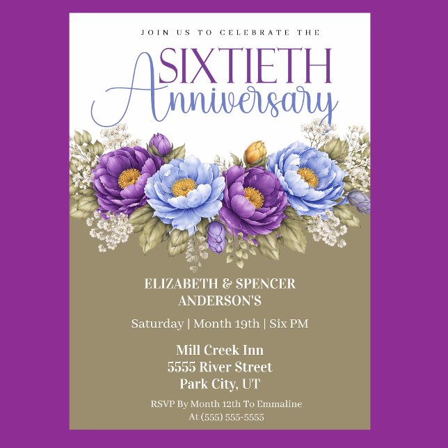 Blue and Purple Peony 60th Wedding Anniversary Inbjudningar (Elegant blue and purple peony floral 60th wedding anniversary invitation)