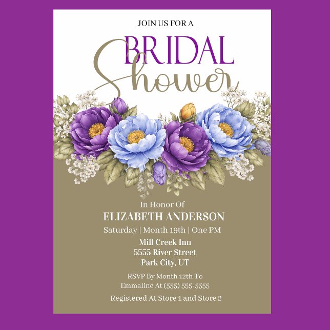 Blue and Purple Peony Bridal Shower Inbjudningar (Elegant blue and purple peony floral bridal shower invitation)