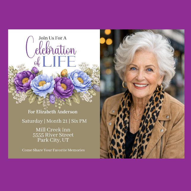 Blue and Purple Peony Celebration Of Life Inbjudningar (Elegant blue and purple peony floral celebration of life invitation)