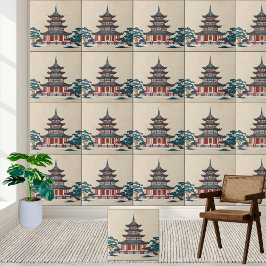 Blue and Red Chinoiserie Pagoda - Asian-Inspired Kakelplatta