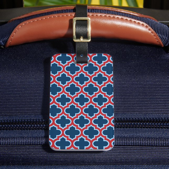 Blue and Red Moroccan Trellis, Lattice, Quatrefoil Bagagebricka (Framsida Insitu 2)