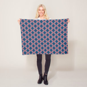Blue and Red Moroccan Trellis, Lattice, Quatrefoil Fleecefilt