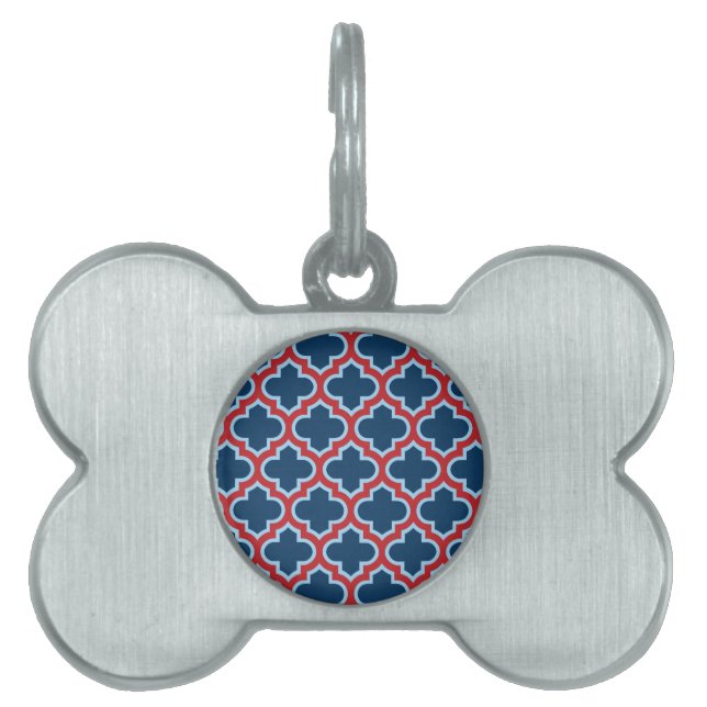 Blue and Red Moroccan Trellis, Lattice, Quatrefoil ID-bricka Husdjur (Framsidan)