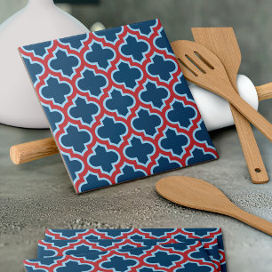Blue and Red Moroccan Trellis, Lattice, Quatrefoil Kakelplatta