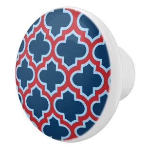Blue and Red Moroccan Trellis, Lattice, Quatrefoil Knopp