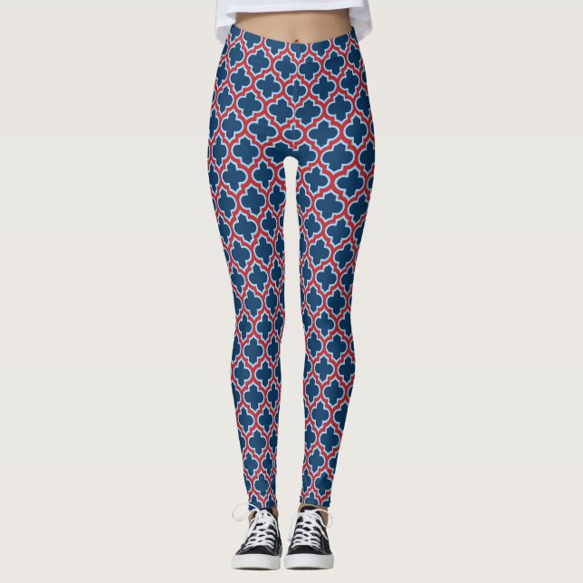 Blue and Red Moroccan Trellis, Lattice, Quatrefoil Leggings (Framsida)