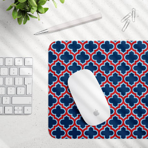 Blue and Red Moroccan Trellis, Lattice, Quatrefoil Musmatta