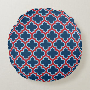 Blue and Red Moroccan Trellis, Lattice, Quatrefoil Rund Kudde