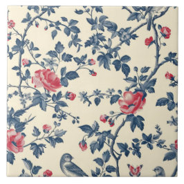 Blue and Red Toile de Jouy blommigt Kakelplatta