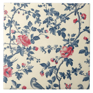 Blue and Red Toile de Jouy blommigt Kakelplatta