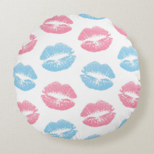 Blue and Rosa Läppar Mönster, Lipstick, Kiss Rund Kudde