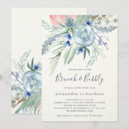 Blue and Rosa Peony Möhippa Brunch & Bubly Inbjudningar
