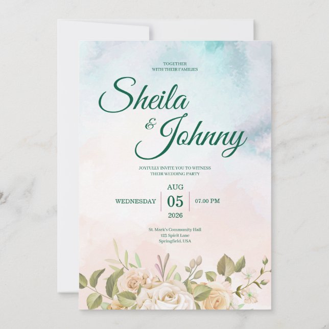 Blue and Salmon Pastel Elegance Wedding Invitation Inbjudningar (Baksida)