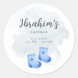 Blue and Tan Watercolor Aqeeqah Baby Boy Sticker Runt Klistermärke