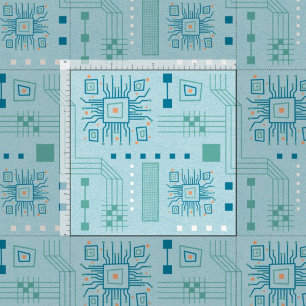 ・ Blue and Teal Circuit Board Mönster Tyg