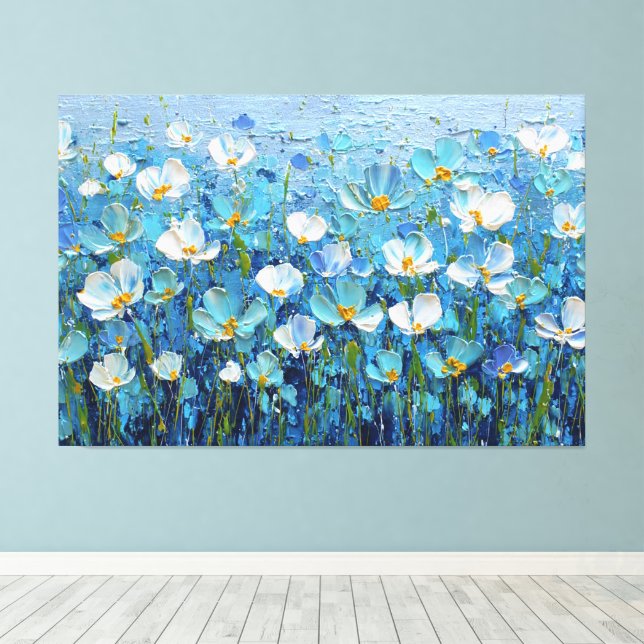 Blue and Turquoise Floral Textured Painting  Canvastryck (Insitu (trägolv))