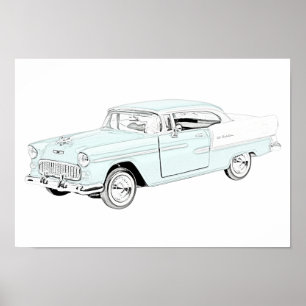 Blue and White 1955 Chevy Bel Luft Teckning Poster
